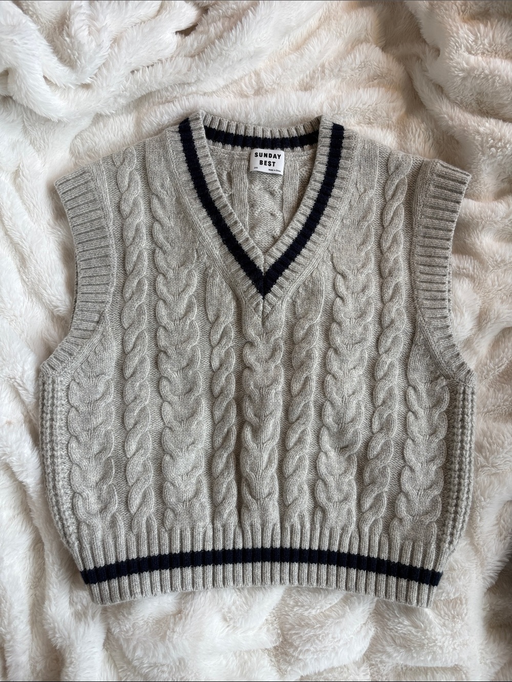 Sunday Best Cable Knit V-Neck Sweater Vest — Light Gray with Navy Trim